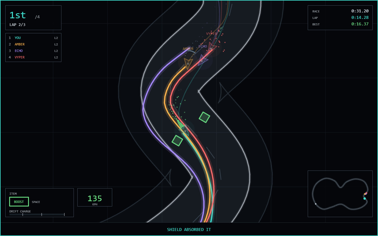 Neon Drift — A top-down neon racer where the corner pays: hold the slide, burn the line, release for the boost.