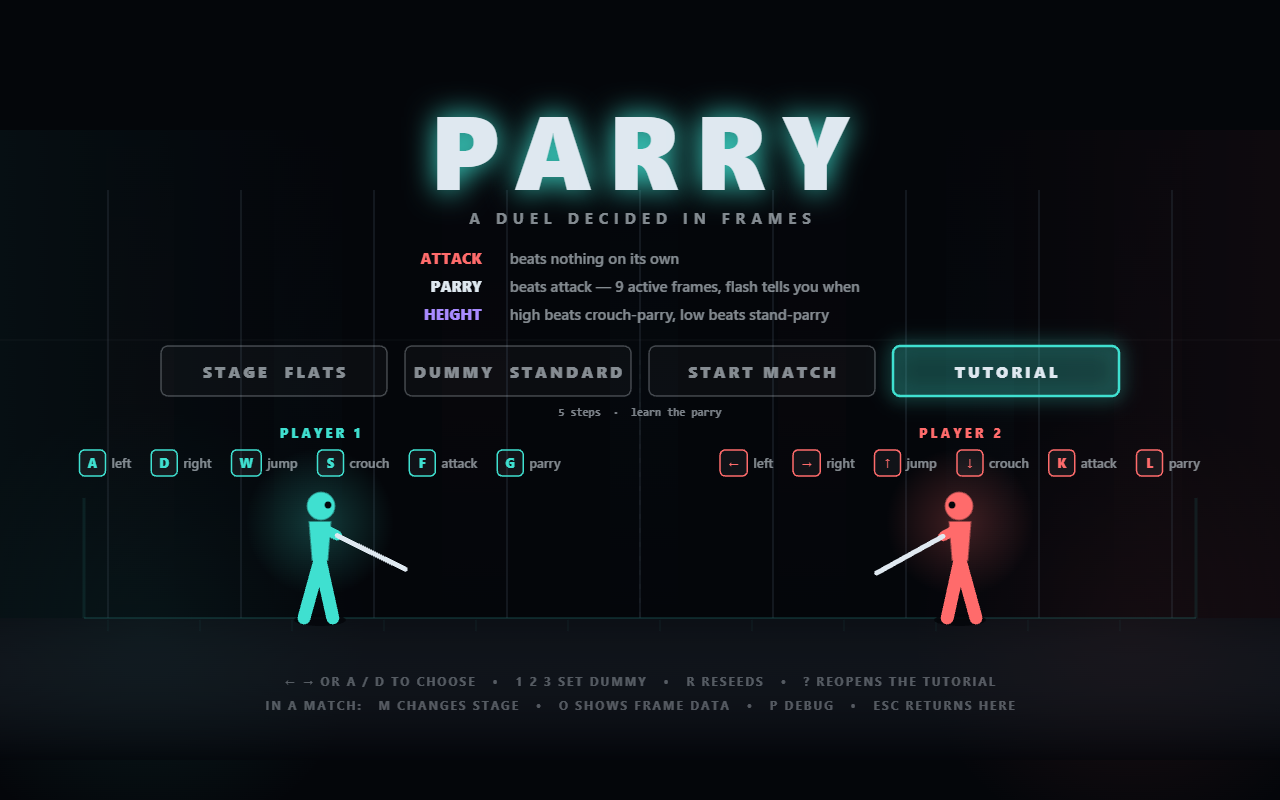 Parry — A two-player duel decided in sim frames at a fixed 60 Hz.